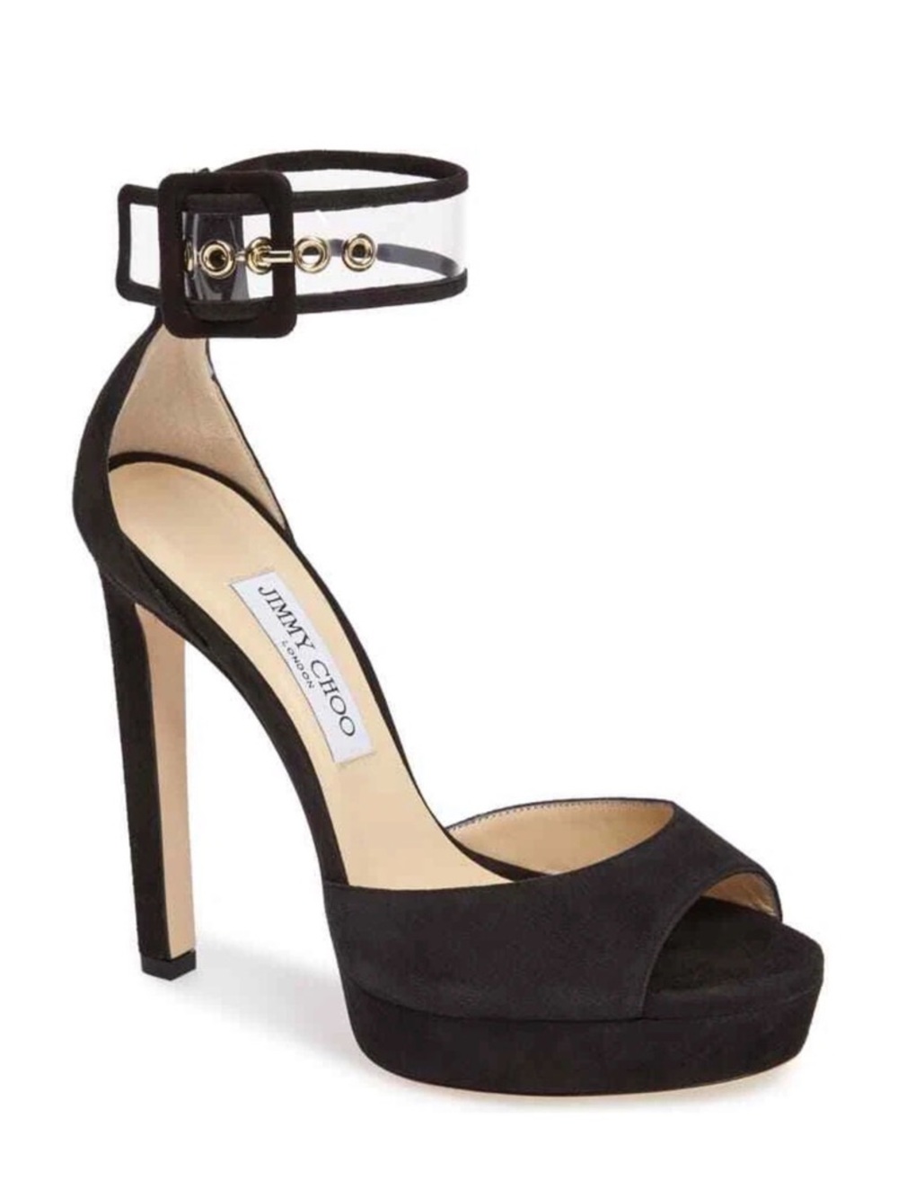 Jimmy Choo Mayner Black Suede Platform Peep Toe, Ankle-Strap Stilettos